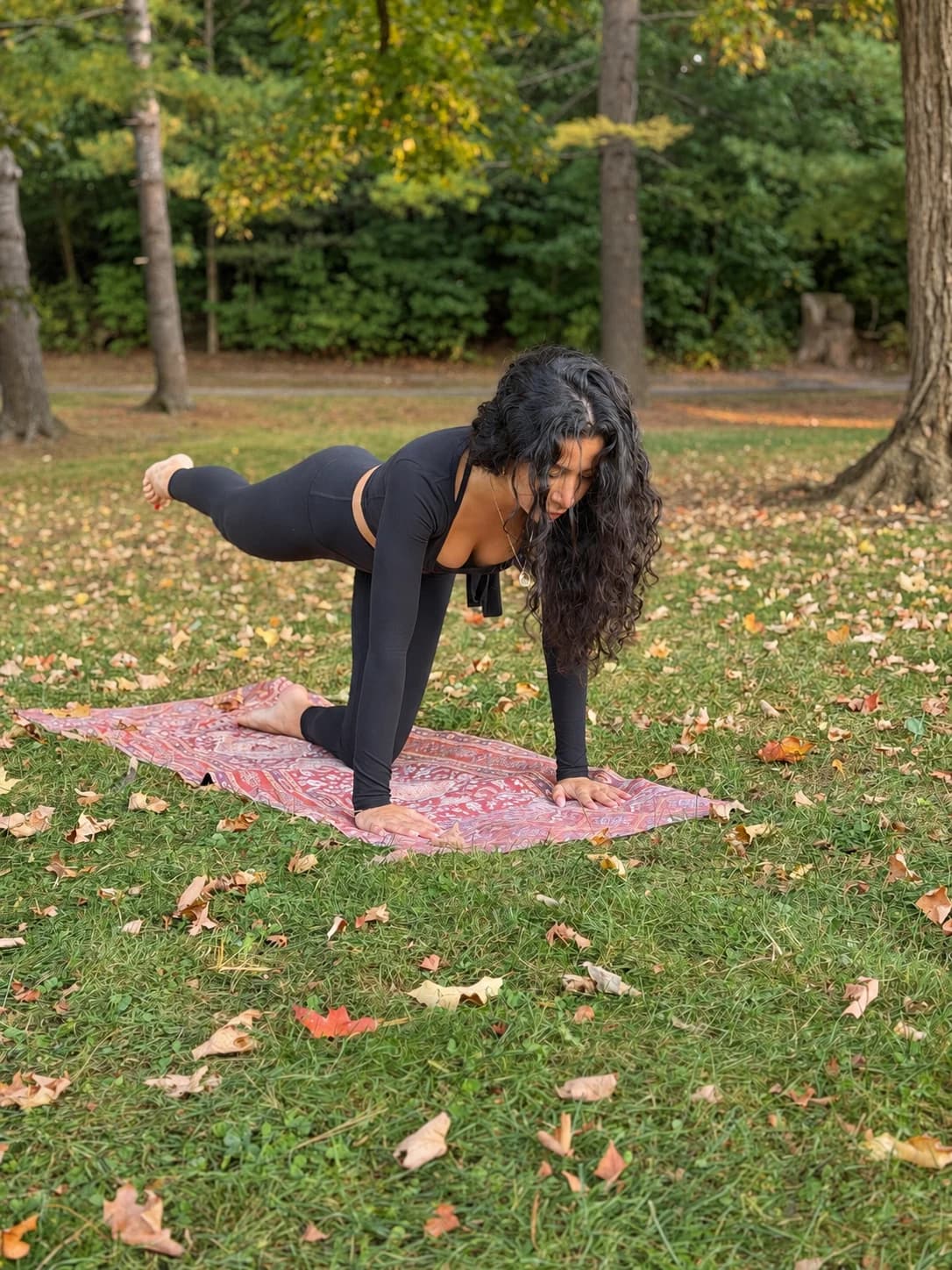 Pilates practice outdoors on a patterned mat, with one leg extended behind.